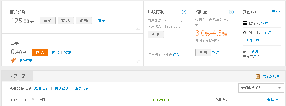 4月1日臺(tái)州客戶轉(zhuǎn)帳125元至支付寶帳戶